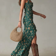 Abito Maxy Stampato Verde Bohemien con Maniche Ruffle