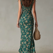 Abito Maxy Stampato Verde Bohemien con Maniche Ruffle