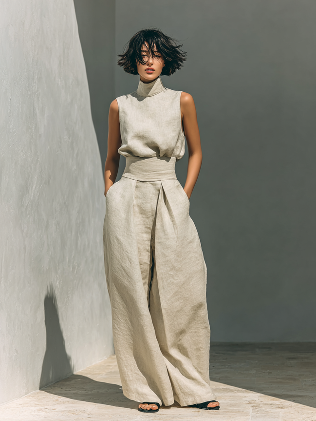 Eleganza in cotone - Completo composto da top e pantaloni ampi in cotone e lino dallo stile minimalista per donna