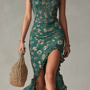 Abito Maxy Stampato Verde Bohemien con Maniche Ruffle