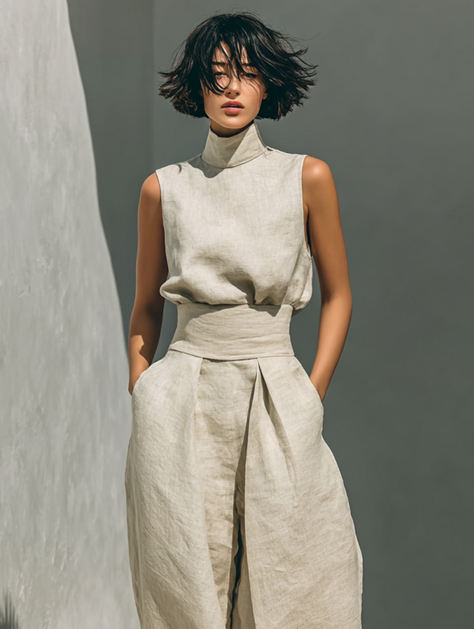 Eleganza in cotone - Completo composto da top e pantaloni ampi in cotone e lino dallo stile minimalista per donna