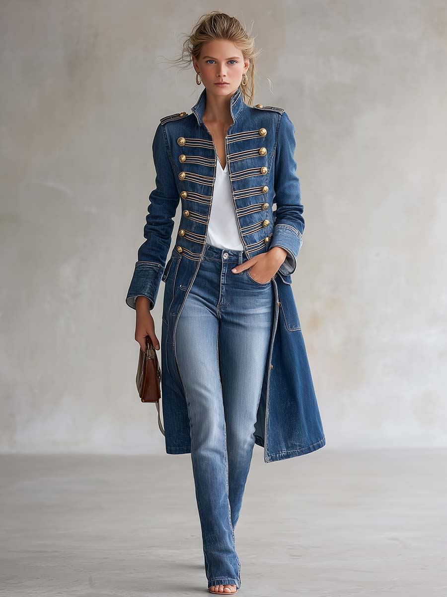 Gabriella | Cappotto Lungo in Denim Stile Militare
