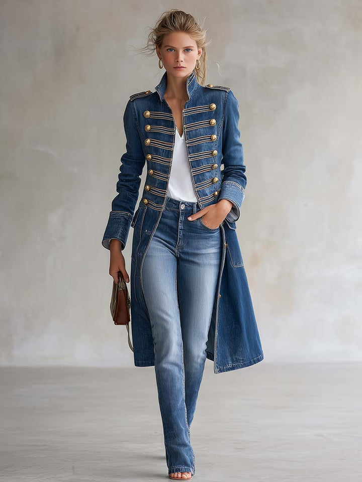 Gabriella | Cappotto Lungo in Denim Stile Militare