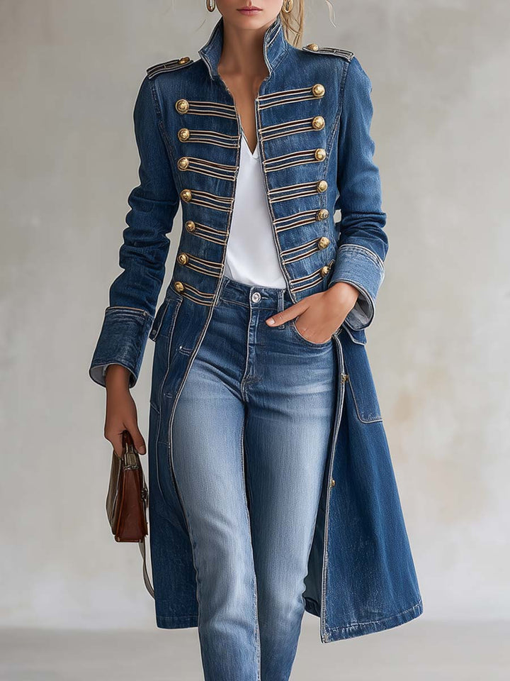 Gabriella | Cappotto Lungo in Denim Stile Militare