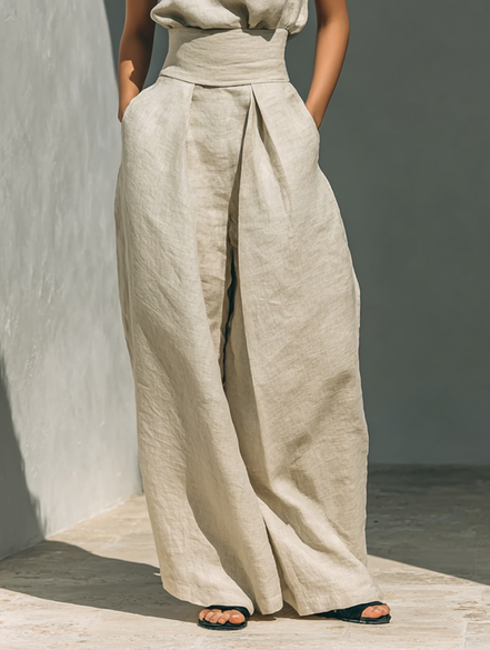Eleganza in cotone - Completo composto da top e pantaloni ampi in cotone e lino dallo stile minimalista per donna