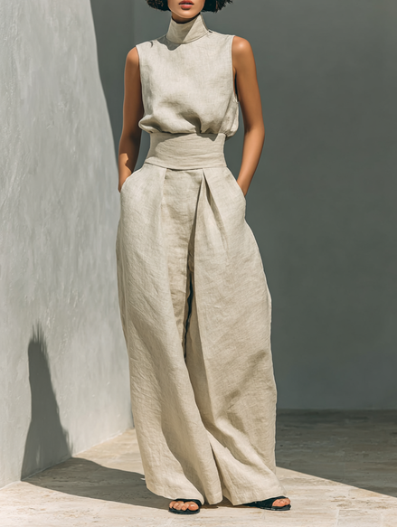 Eleganza in cotone - Completo composto da top e pantaloni ampi in cotone e lino dallo stile minimalista per donna