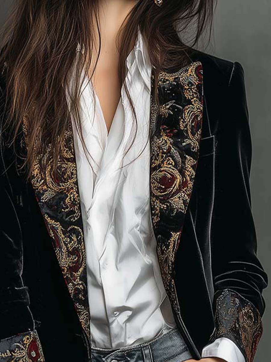 Erminia | Blazer Slim Fit Nero con Stampa Barocca