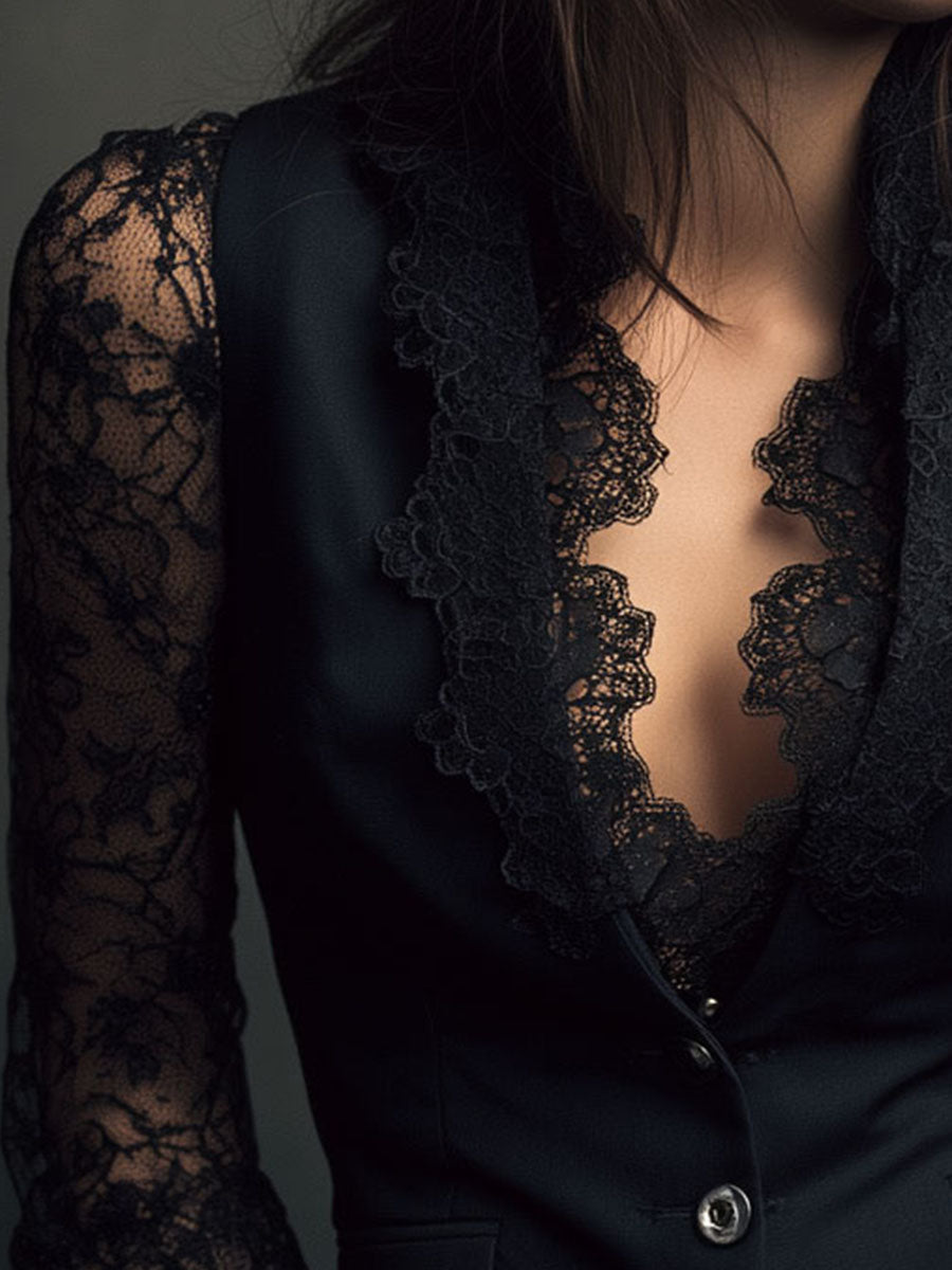 Adelmina | Blazer Nero con Maniche Semi-Trasparenti