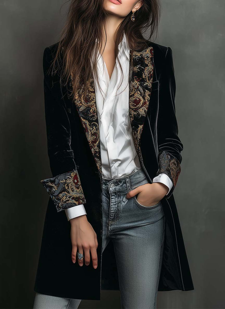 Erminia | Blazer Slim Fit Nero con Stampa Barocca