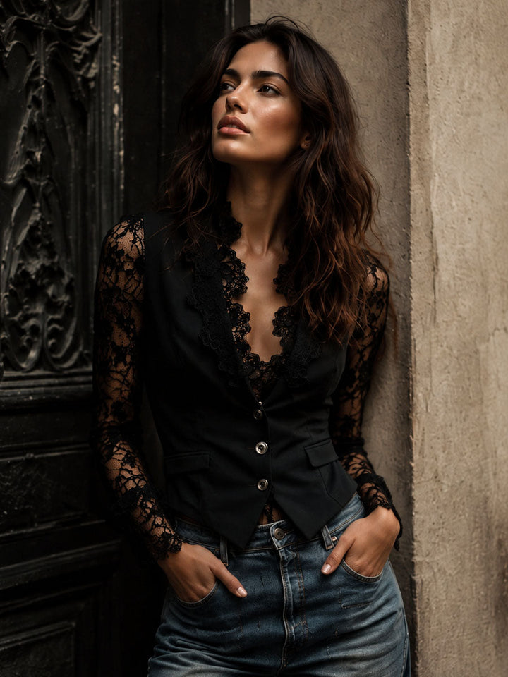 Adelmina | Blazer Nero con Maniche Semi-Trasparenti