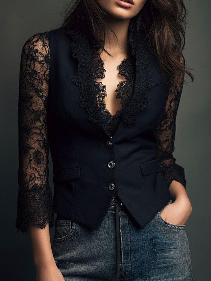 Adelmina | Blazer Nero con Maniche Semi-Trasparenti
