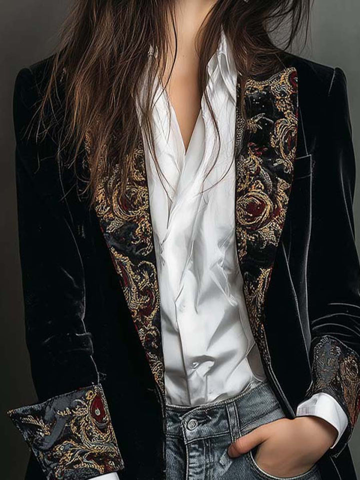 Erminia | Blazer Slim Fit Nero con Stampa Barocca