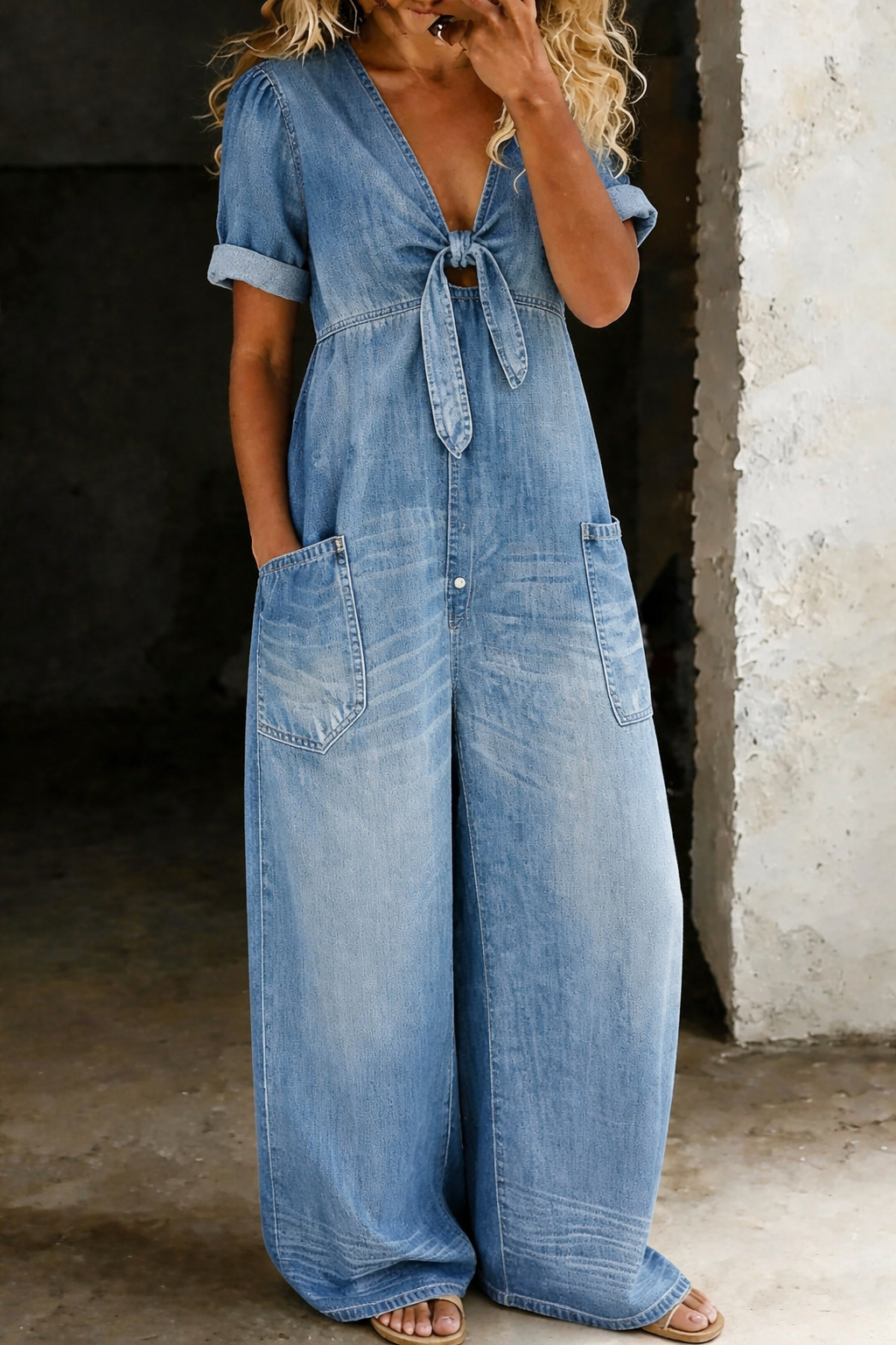 Roberta | Tutina Corta in Denim con Scollo a V