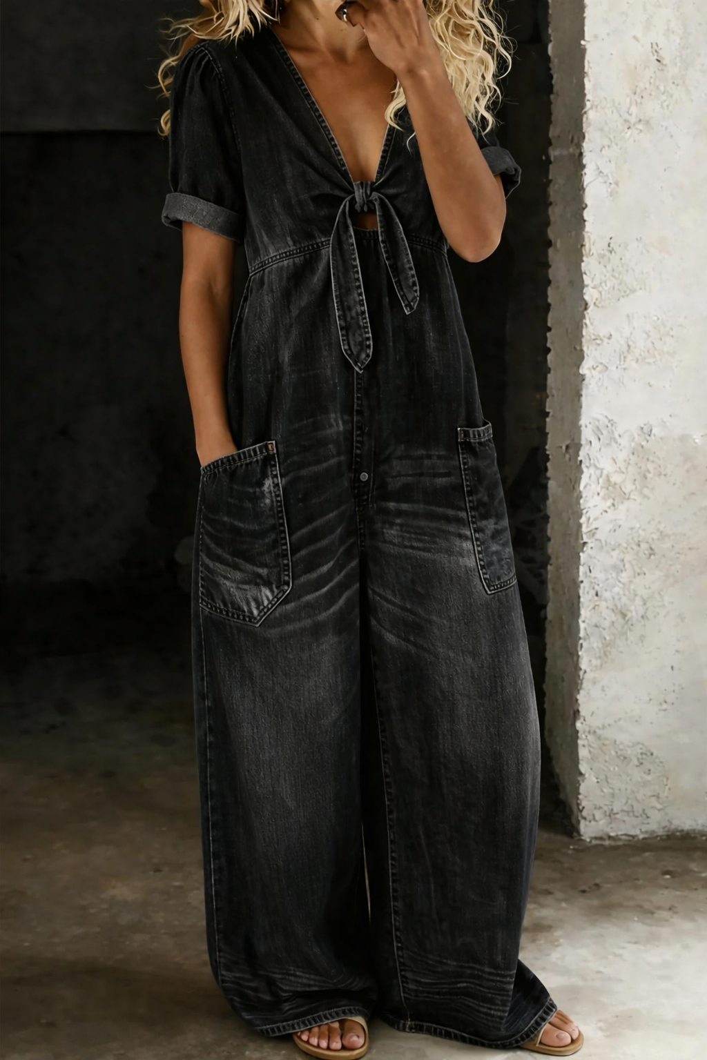 Roberta | Tutina Corta in Denim con Scollo a V