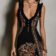 Abito Stampato in Stile Bohemien con Profondo Scollo a V e Alto Spacco