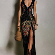 Abito Stampato in Stile Bohemien con Profondo Scollo a V e Alto Spacco