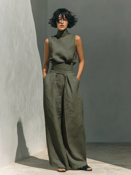 Eleganza in cotone - Completo composto da top e pantaloni ampi in cotone e lino dallo stile minimalista per donna