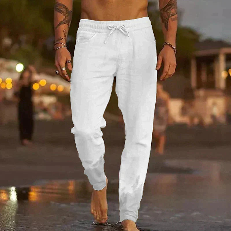 Len Sahara – Pantaloni da spiaggia in lino con elastico in vita