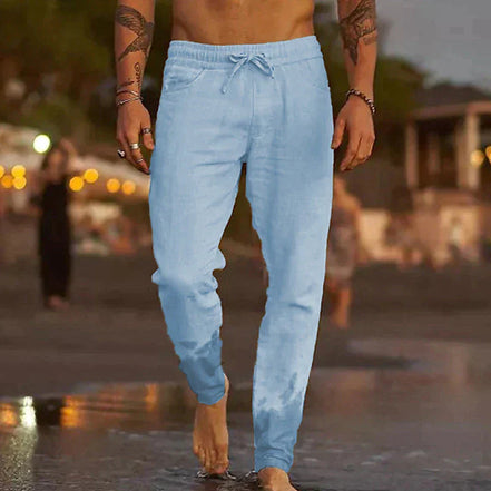 Len Sahara – Pantaloni da spiaggia in lino con elastico in vita