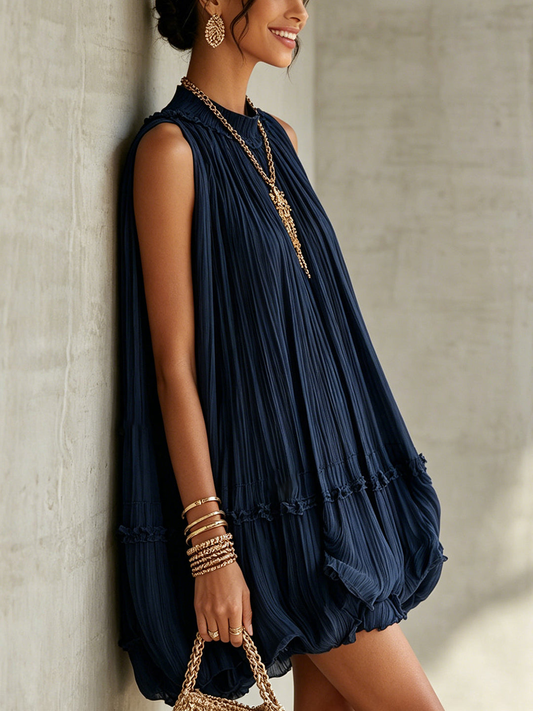 Azzurra | Mini Abito Chiffon Blu con Collo Americano e Gonna Balloon