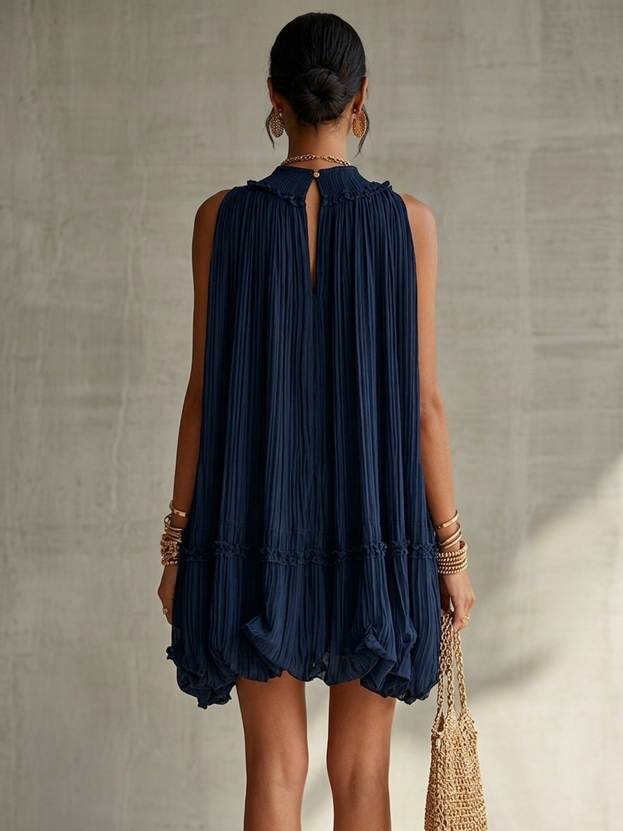 Azzurra | Mini Abito Chiffon Blu con Collo Americano e Gonna Balloon