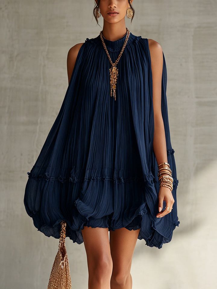 Azzurra | Mini Abito Chiffon Blu con Collo Americano e Gonna Balloon