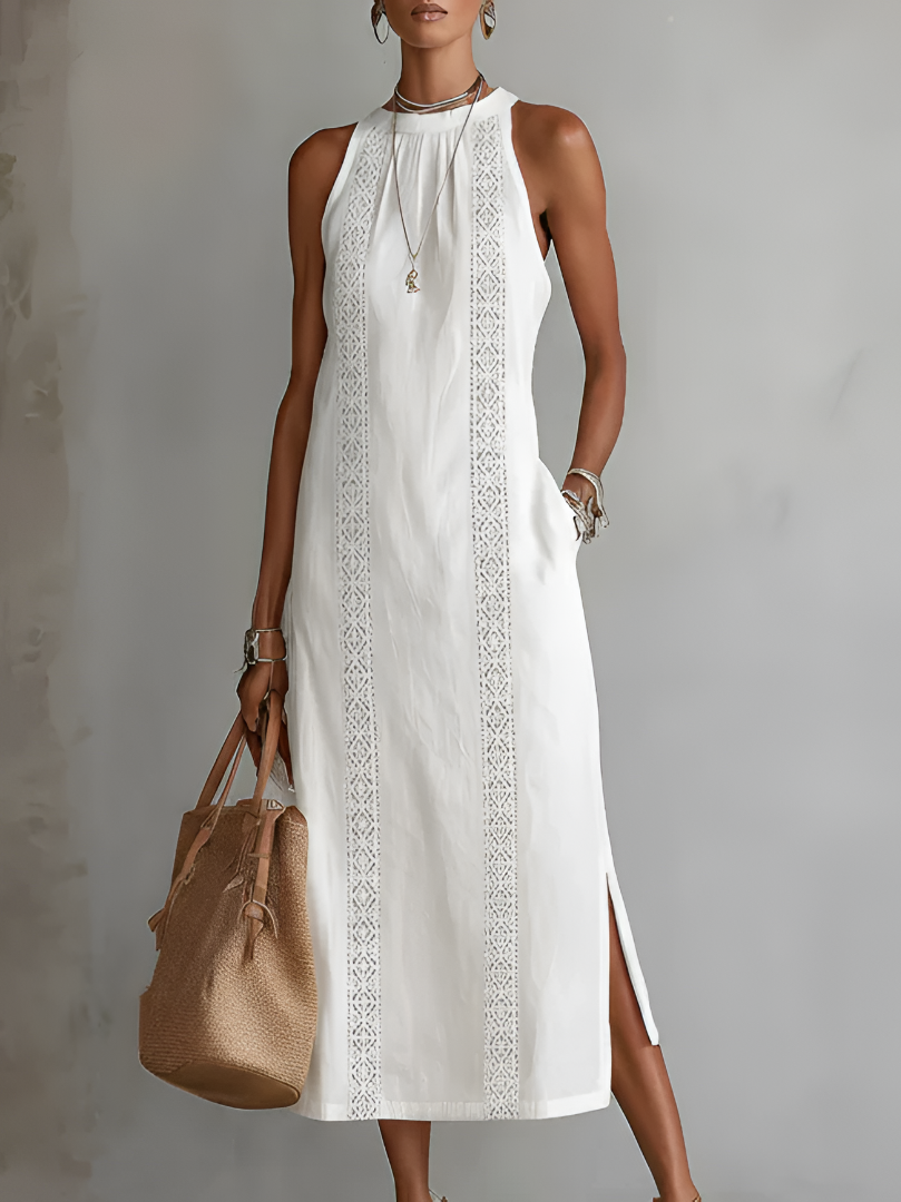 Serafina | Abito midi in lino con collo Mao