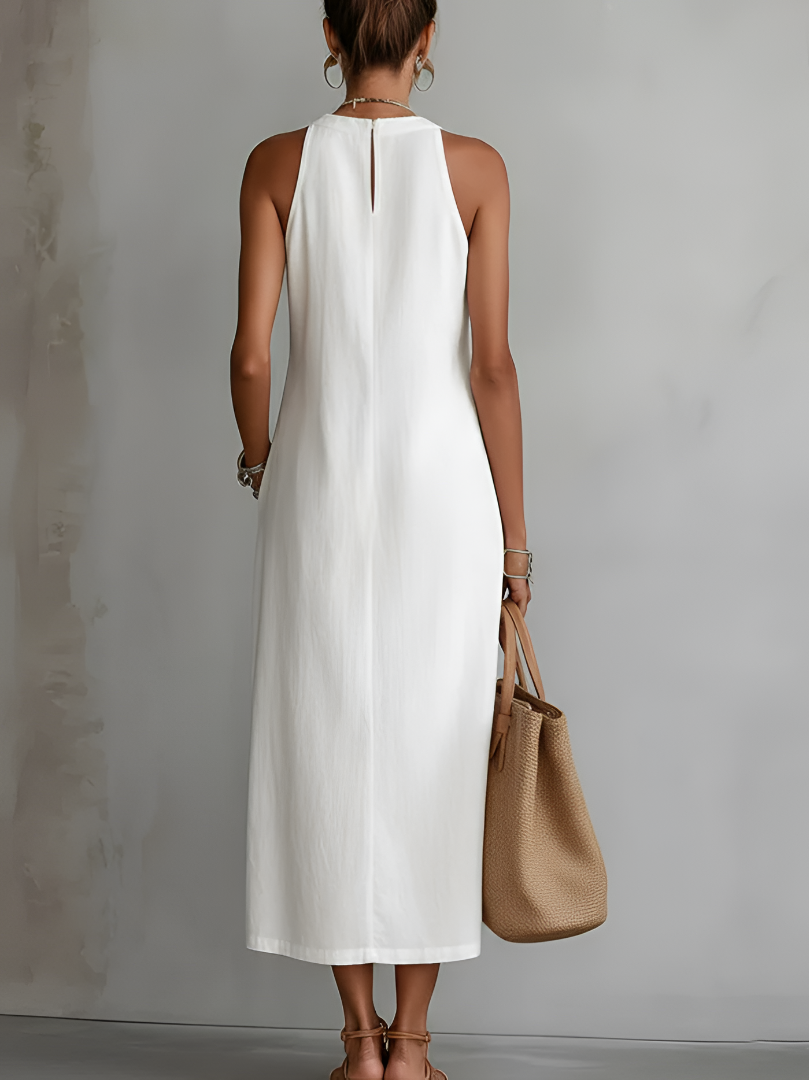 Serafina | Abito midi in lino con collo Mao