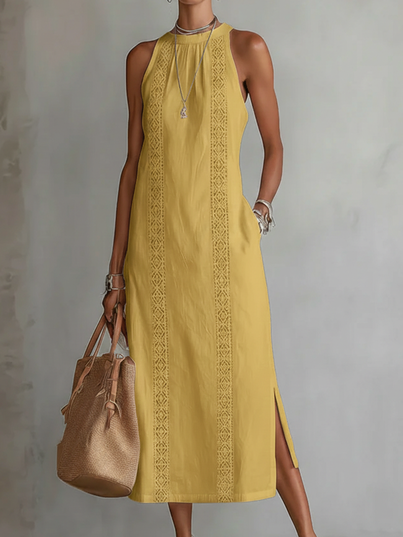 Serafina | Abito midi in lino con collo Mao
