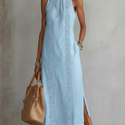 Serafina | Abito midi in lino con collo Mao