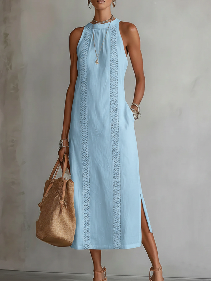 Linda | Abito Midi in Lino con Collo alla Coreana