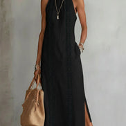 Serafina | Abito midi in lino con collo Mao