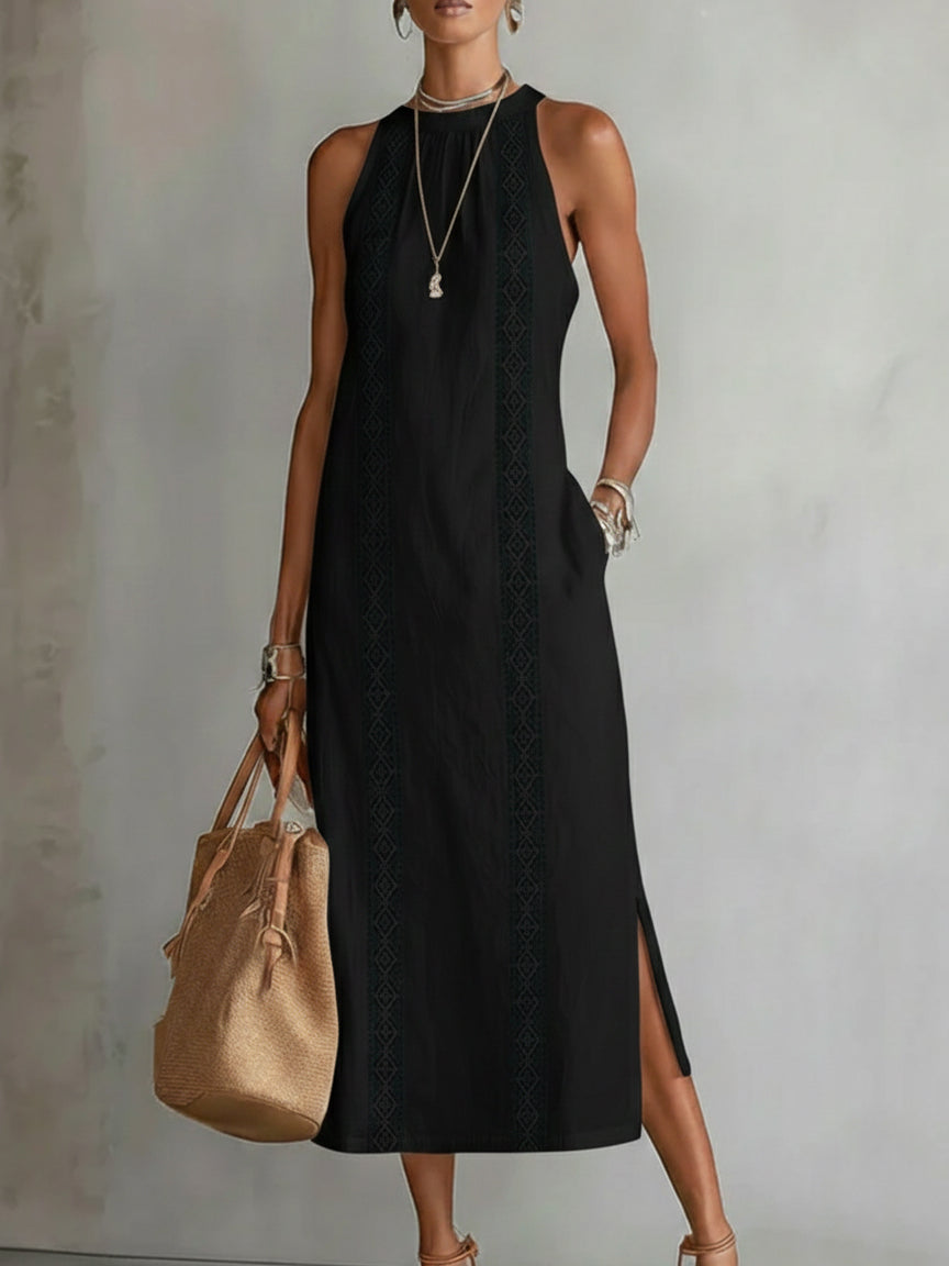 Serafina | Abito midi in lino con collo Mao