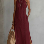 Serafina | Abito midi in lino con collo Mao