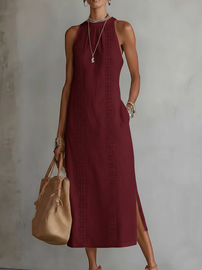 Serafina | Abito midi in lino con collo Mao